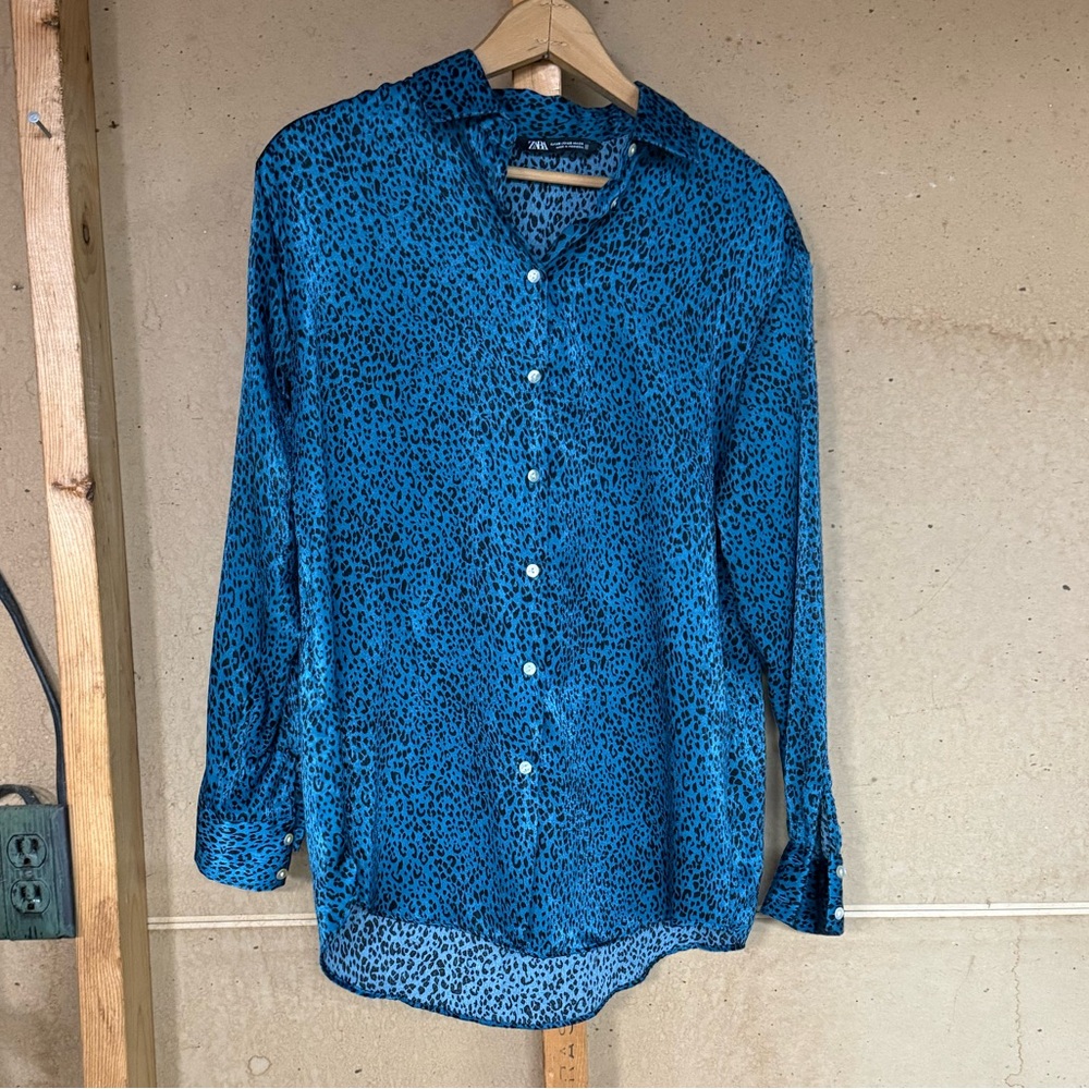 Zara Teal and Black Animal Print Blouse XS